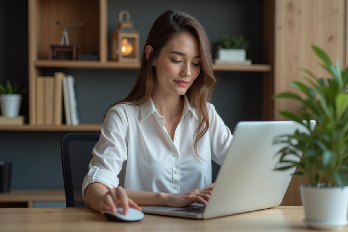 Femme au bureau moderne concentrée sur son ordinateur