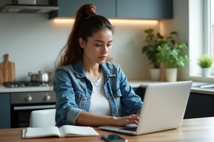 Femme travaillant sur son ordinateur dans une cuisine moderne