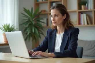 Femme en bureau à domicile en blazer navy et chemise blanche