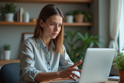 Jeune femme au bureau vérifiant un email suspect
