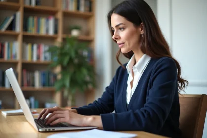 Femme en bureau moderne avec ordinateur et livres