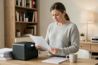 Femme en bureau à domicile analysant un document imprimé à côté d'une imprimante sans cartouche d'encre