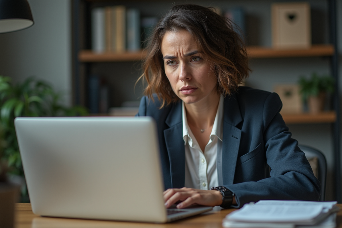 Femme d affaires regardant un ordinateur portable en bureau