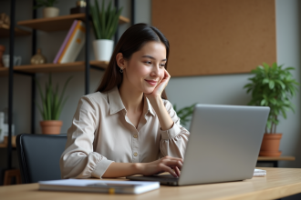 Jeune femme au bureau cosy gérant ses emails sur un laptop