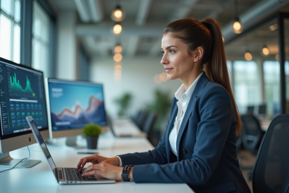 Femme au bureau travaillant sur son ordinateur en open space