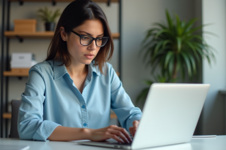 Femme professionnelle en bureau avec ordinateur portable