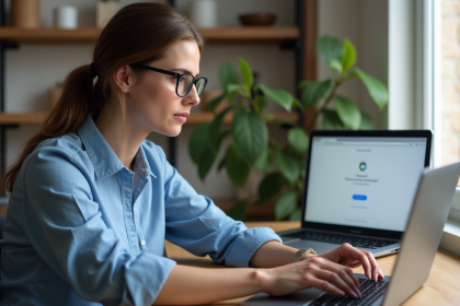 Femme au bureau vérifiant son ordinateur portable