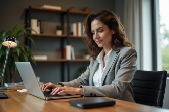 Femme d'affaires au bureau avec ordinateur et disque dur
