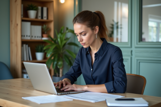 Femme concentrée travaillant sur un ordinateur dans un bureau moderne