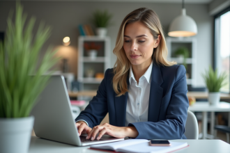 Femme professionnelle travaillant sur son ordinateur dans un bureau lumineux