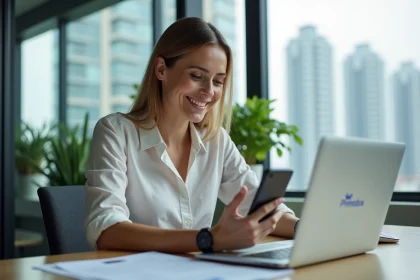Femme souriante au bureau utilisant un ordinateur portable