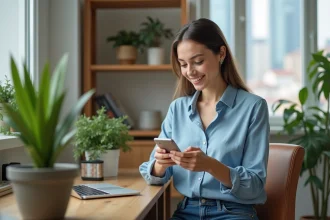 Jeune femme en visioconference dans un bureau moderne