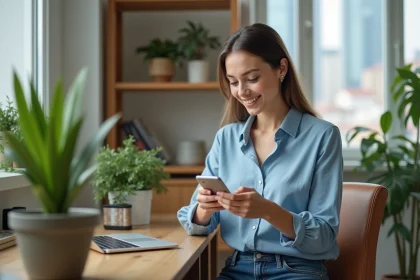 Jeune femme en visioconference dans un bureau moderne