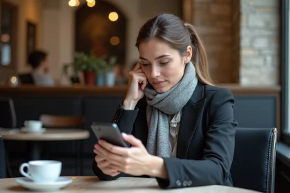 Jeune femme professionnelle à Grenoble utilisant son smartphone