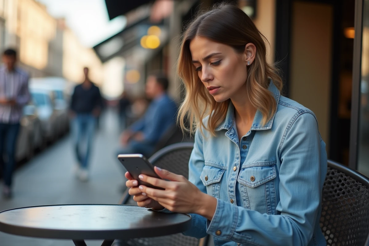 Femme au café regardant son smartphone avec souci