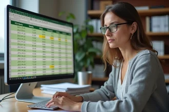 Femme consultant une formule de calcul d'âge Excel sur un écran d'ordinateur de bureau