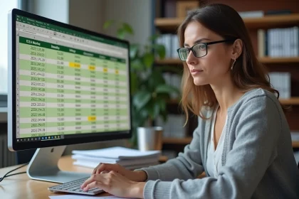 Femme consultant une formule de calcul d'âge Excel sur un écran d'ordinateur de bureau