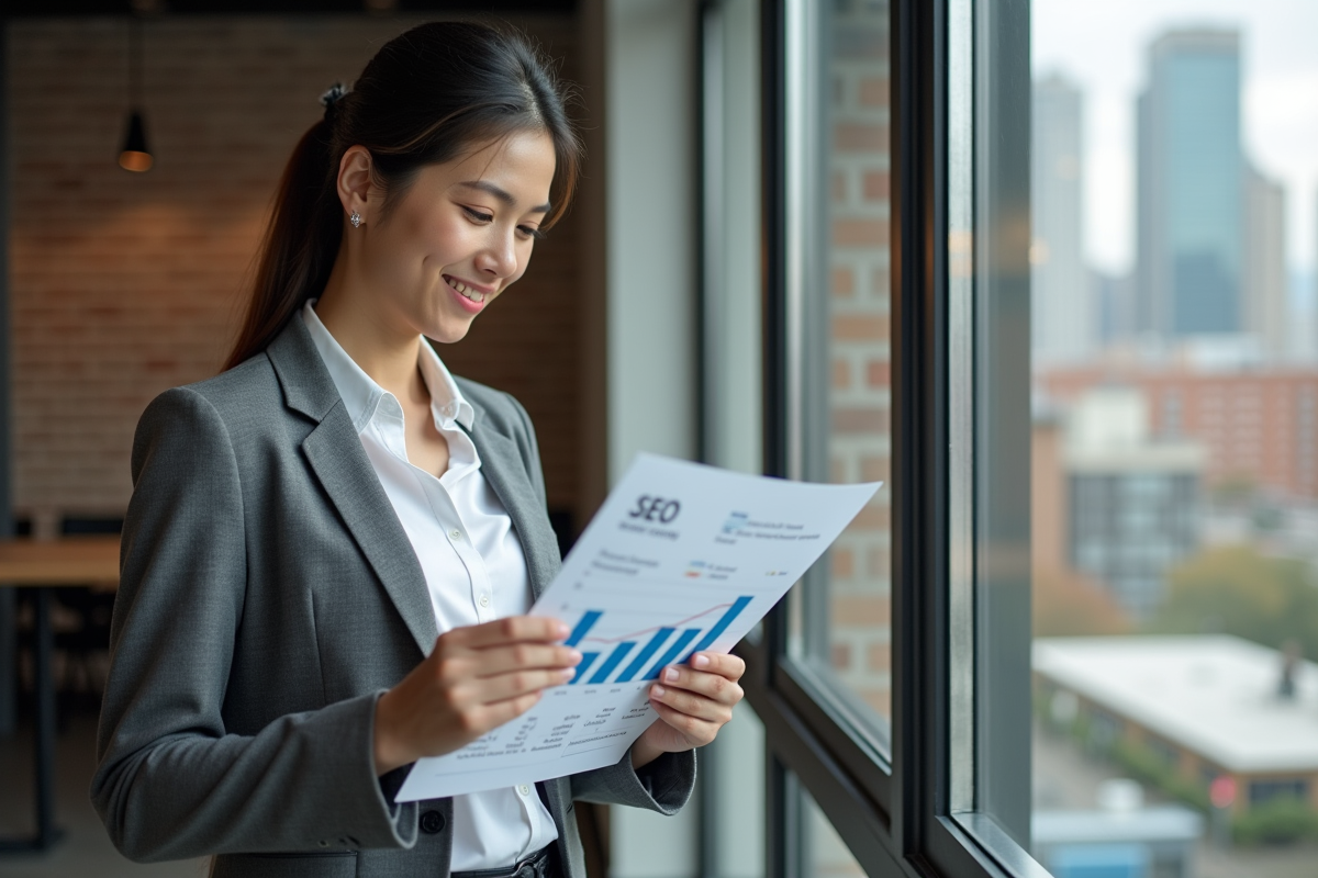 Jeune femme examinant un rapport SEO dans un espace de coworking