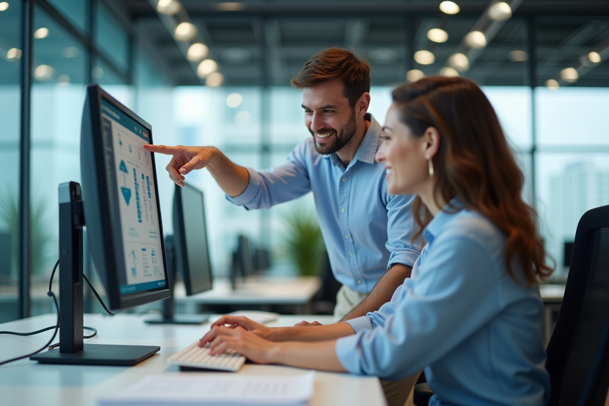 Femme collaborant avec une collègue sur un bureau professionnel