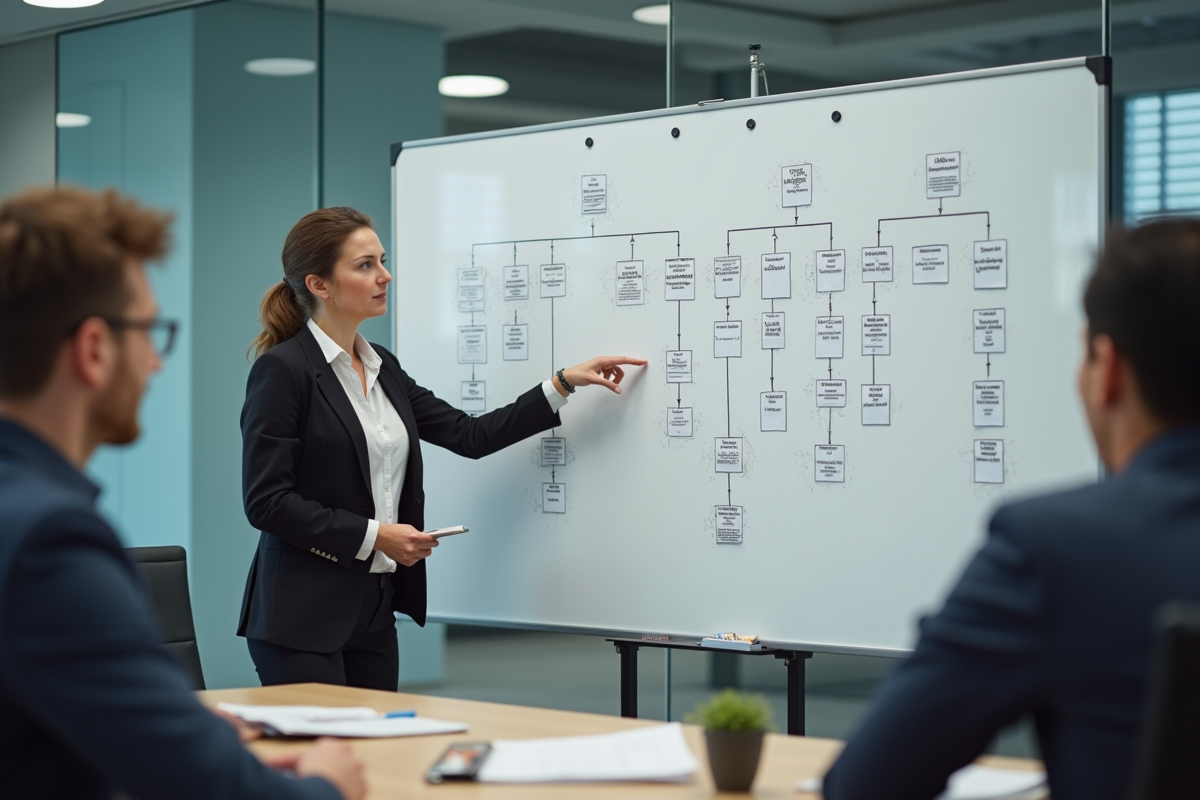 Femme en réunion expliquant un diagramme sur tableau blanc