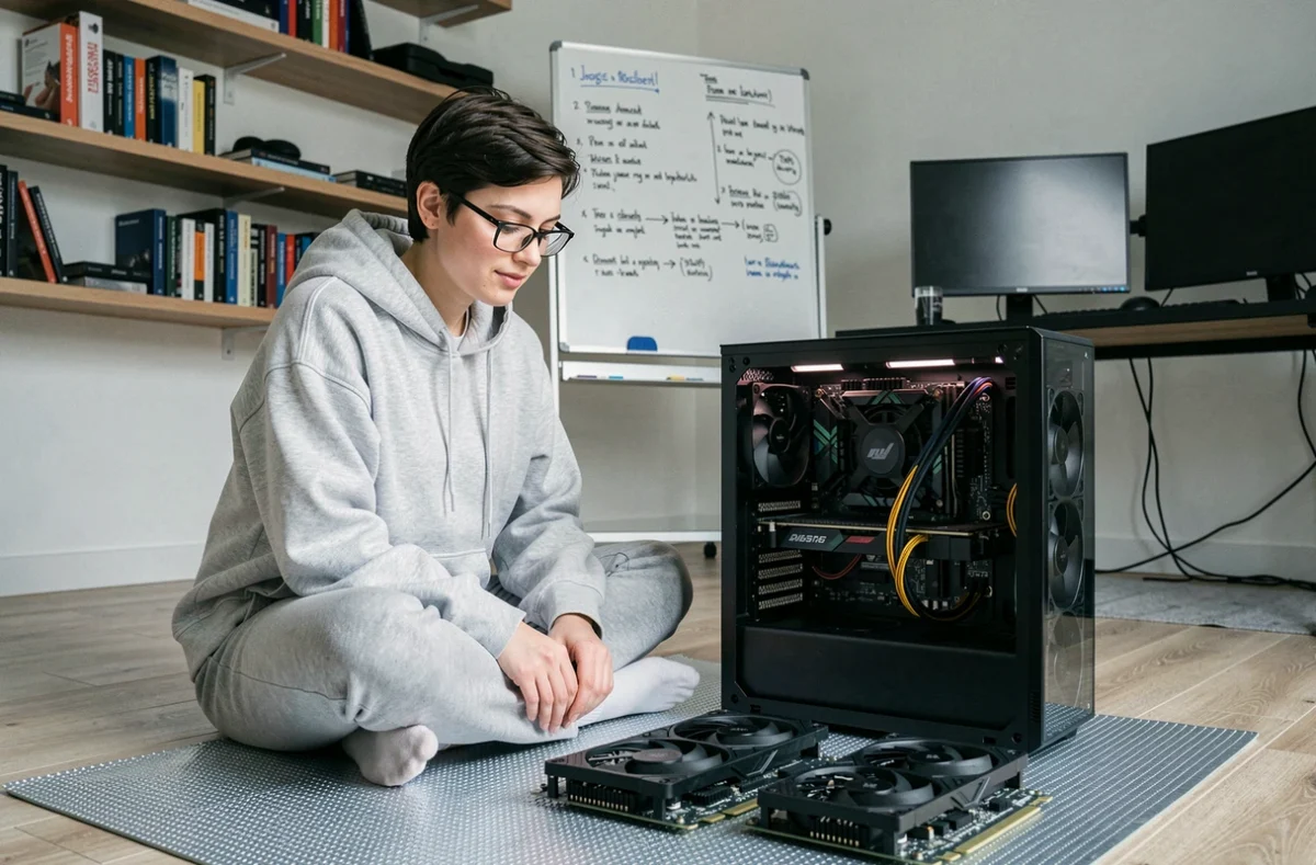 Une femme comparant deux cartes graphiques posées sur un tapis antistatique devant un PC ouvert dans un bureau moderne
