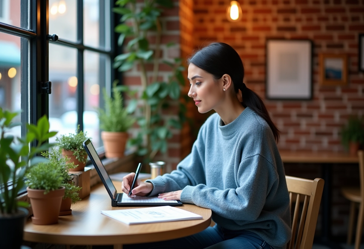 Femme décontractée esquisse des maquettes de site sur une tablette au café