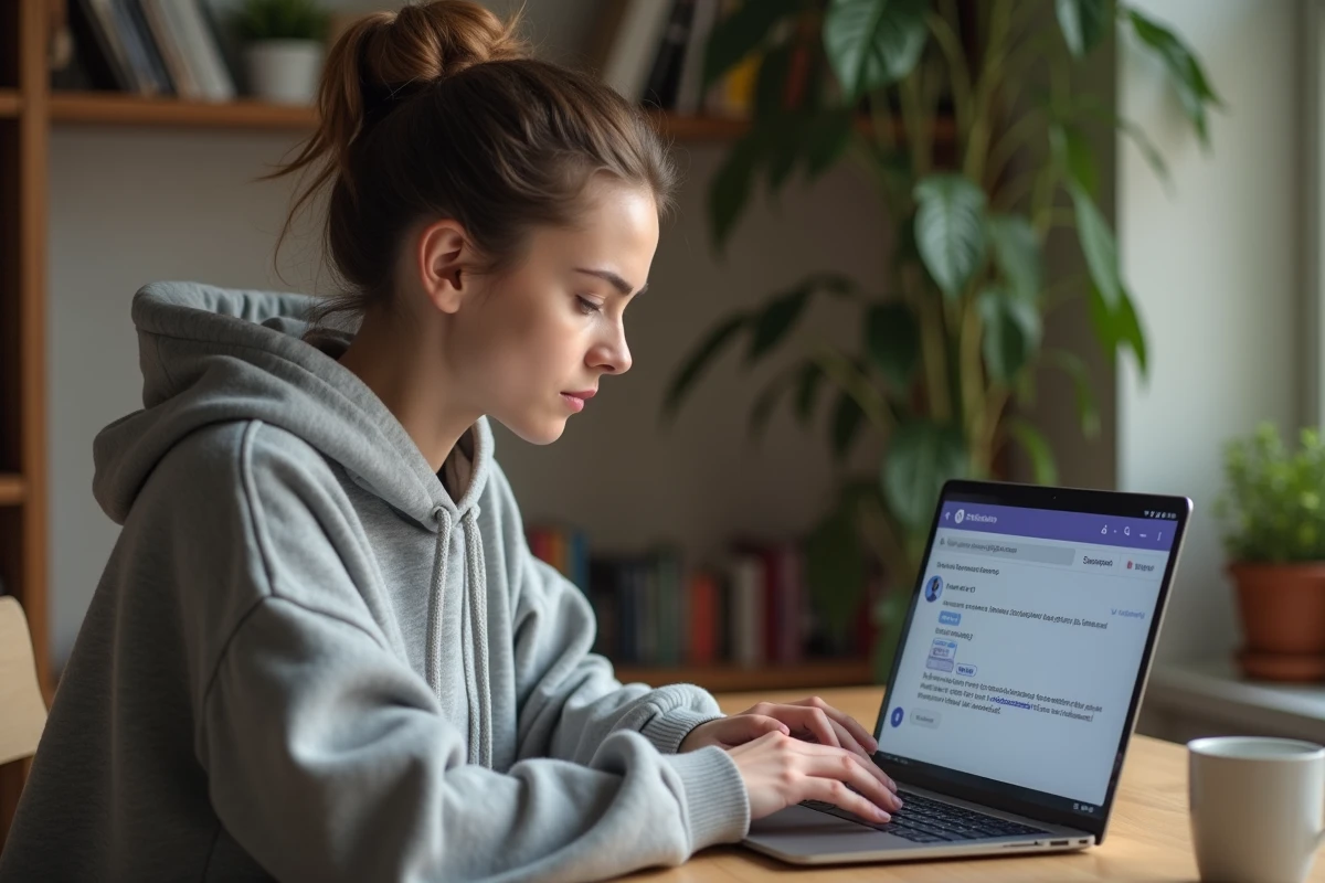 Jeune femme utilisant Discord sur un ordinateur portable pour formater du texte en gras et italique