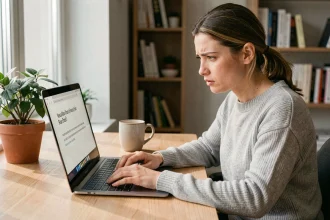 Femme frustrée face à un message d'erreur sur sa messagerie en ligne, assise à un bureau en bois dans un home office moderne