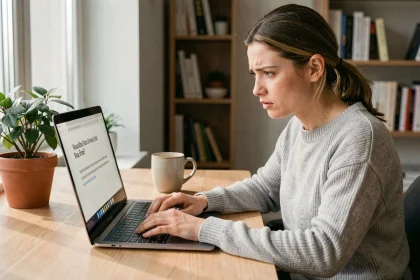 Femme frustrée face à un message d'erreur sur sa messagerie en ligne, assise à un bureau en bois dans un home office moderne