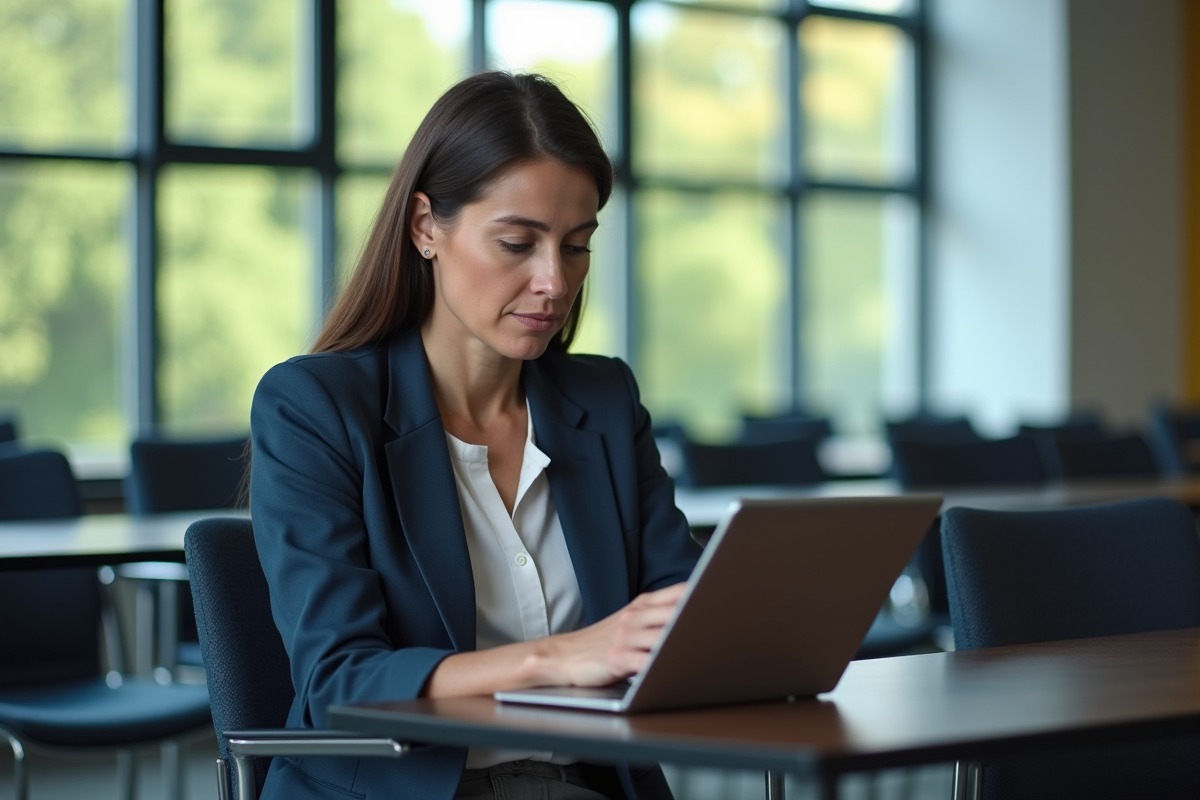 Femme en examen en ligne dans une salle de classe moderne