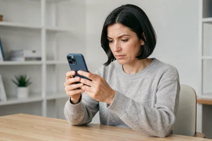 Femme examinant un iPhone 12 Pro Max reconditionné avant de souscrire une assurance