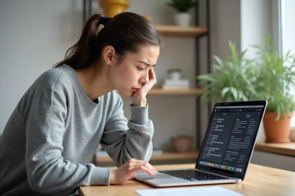 Femme frustrée devant un MacBook Pro affichant le gestionnaire de tâches macOS dans un bureau à domicile
