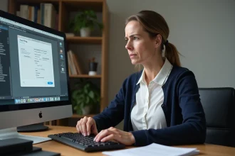 Femme d'âge moyen inquiète devant son ordinateur au bureau