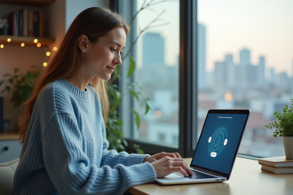 Jeune femme utilisant un ordinateur pour gérer la synchronisation cloud