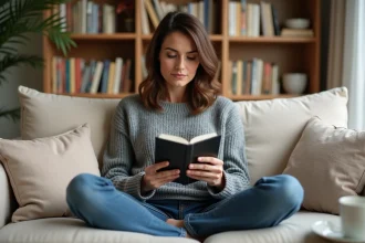 Femme lisant un livre numérique sur une liseuse Kindle, assise confortablement dans son salon entouré de livres papier