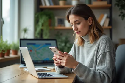 Femme consultant l'application Localiser mon iPhone sur son smartphone depuis un bureau à domicile