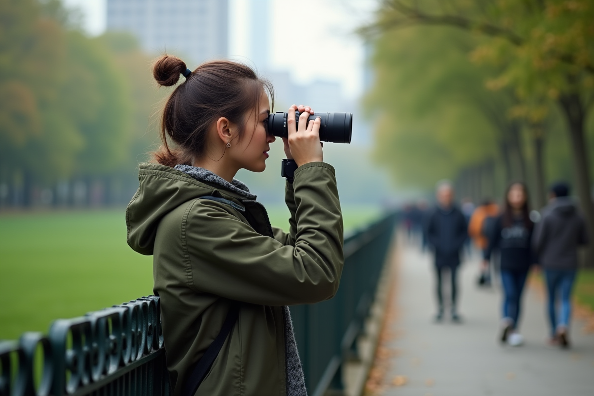 Jeune femme regardant au loin dans un parc urbain
