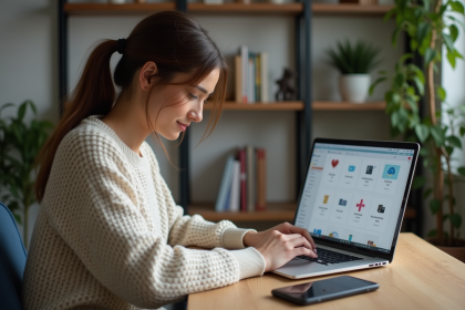Femme organisée utilisant son ordinateur portable dans un appartement moderne