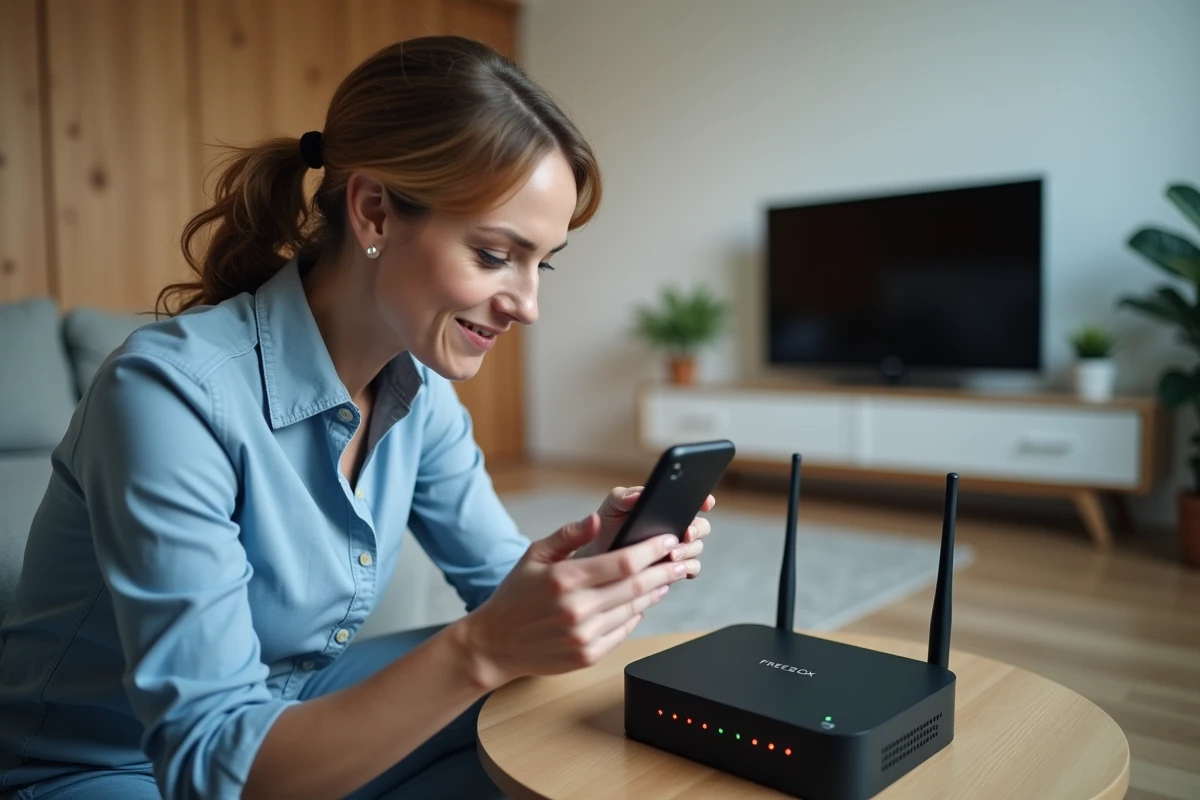 Femme photographiant les voyants clignotants d'une Freebox en panne avec son smartphone dans un salon