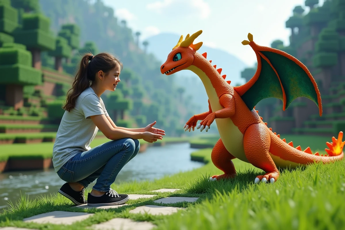 Jeune femme dans un paysage Minecraft avec un Charizard géant