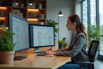 Femme professionnelle examinant un sitemap dans un bureau moderne