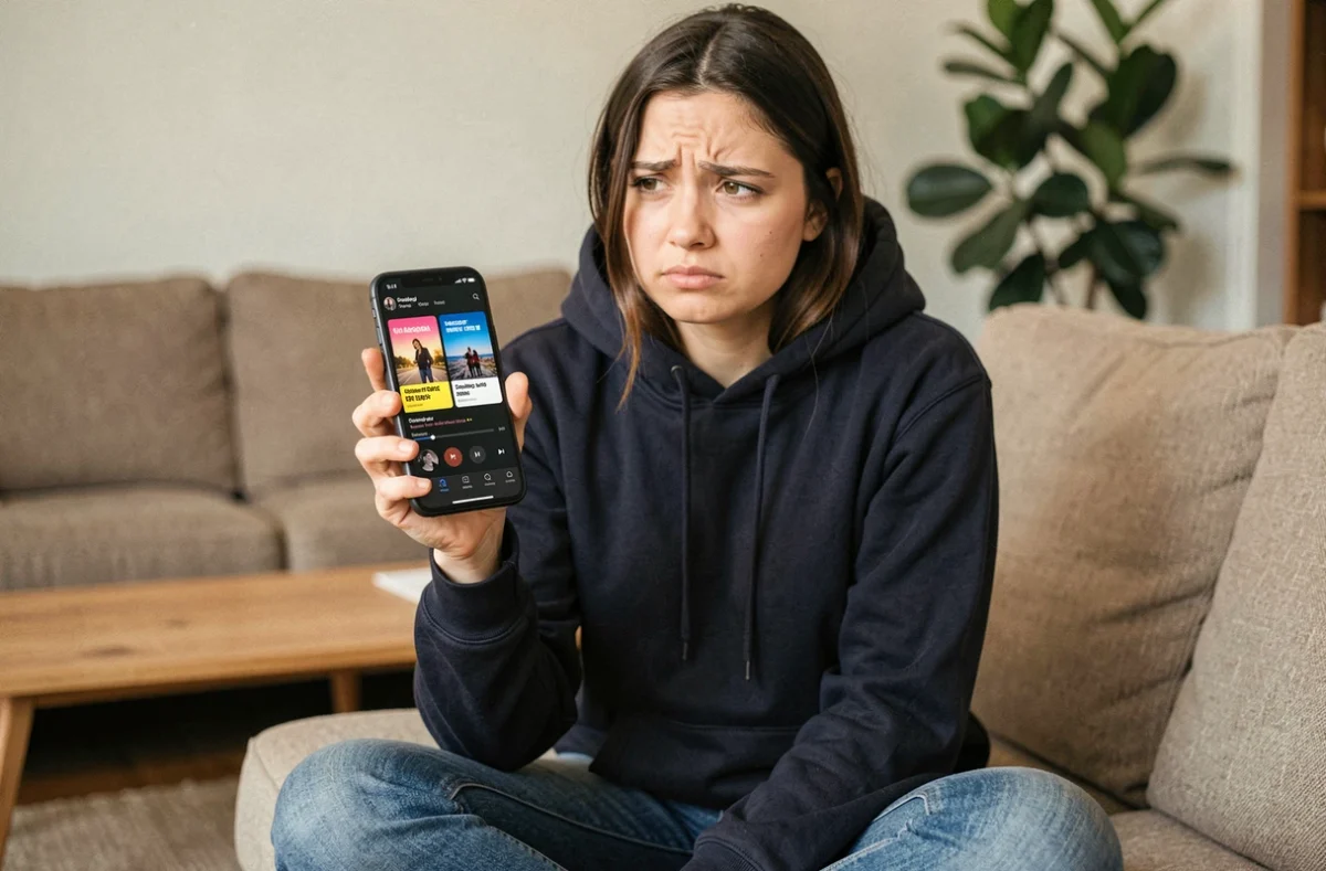 Femme frustrée par des publicités intrusives sur son smartphone lors de l'écoute de musique en ligne
