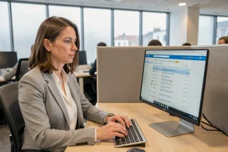 Femme professionnelle recherchant d'anciens messages dans une boîte mail webmail sur un ordinateur de bureau dans un open space moderne