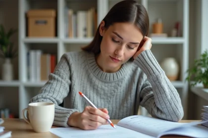 Femme qui relit et compte les mots d'un document imprimé à son bureau à domicile