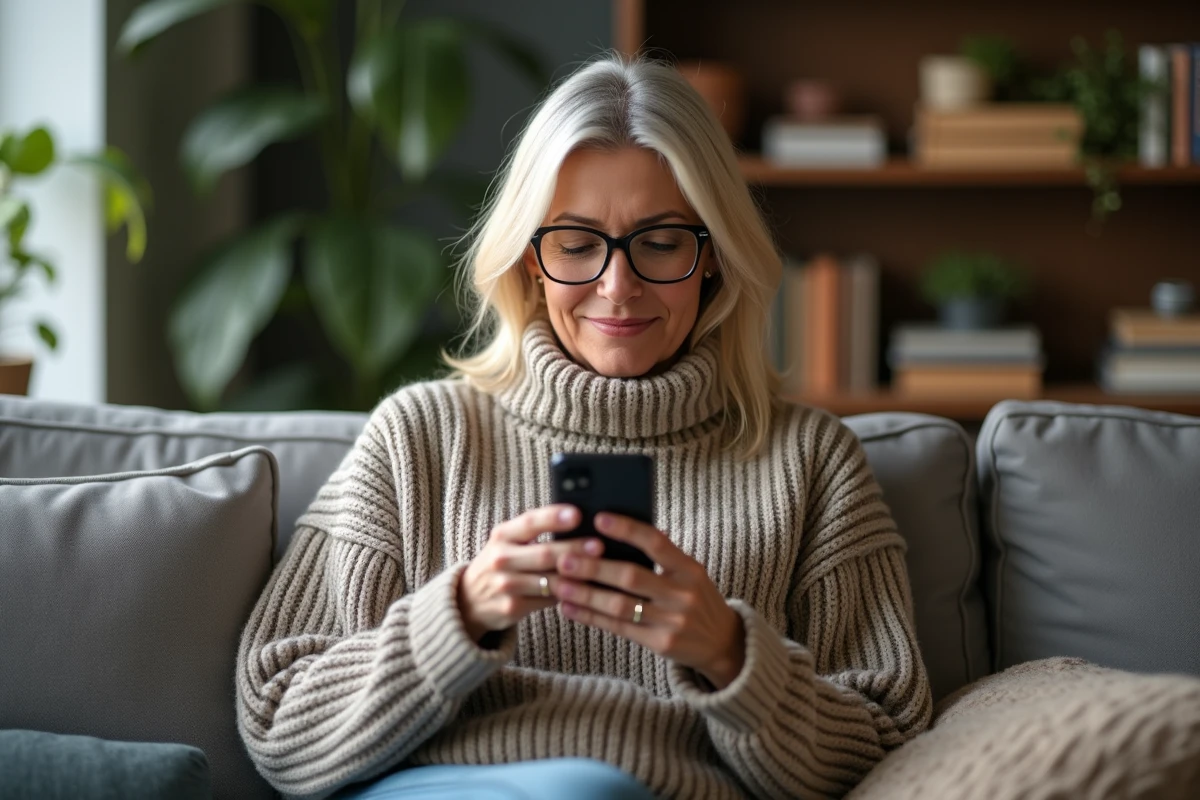 Femme lisant sur smartphone dans son salon