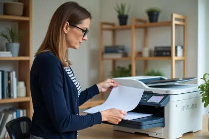 Femme d'âge moyen scannant un document dans un bureau