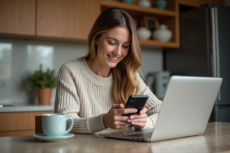 Jeune femme assise à une table de cuisine en train de vérifier son smartphone