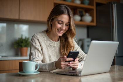 Jeune femme assise à une table de cuisine en train de vérifier son smartphone