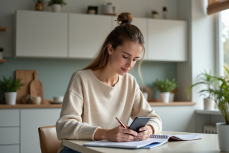 Jeune femme avec smartphone dans une cuisine moderne