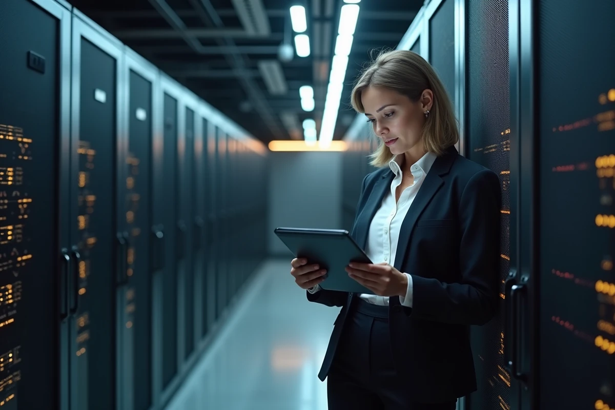 Femme d affaires utilisant une tablette dans un centre de données